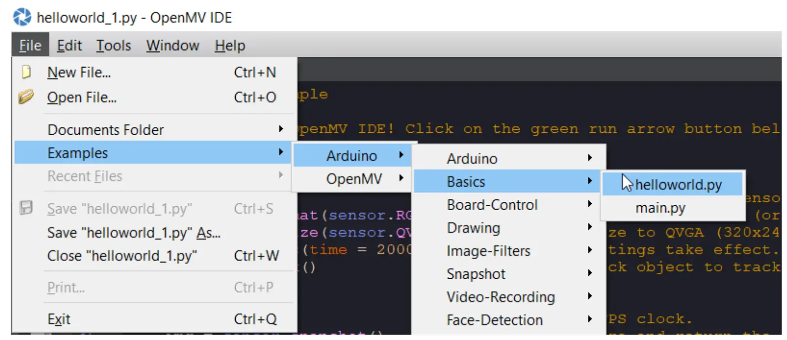 OpenMV IDE loading "hello world!" example