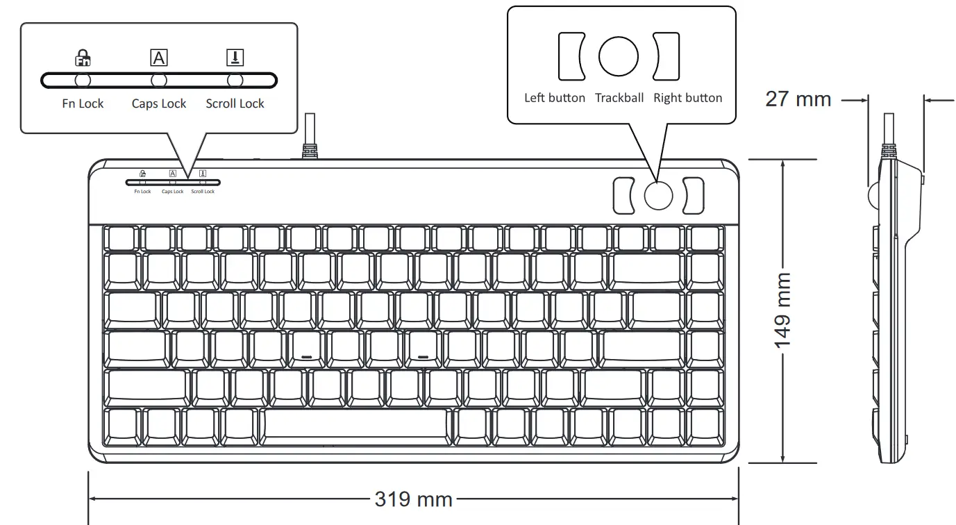 perixx PERIBOARD-505 Wired Mini Membrane Trackball Keyboard - figer 1