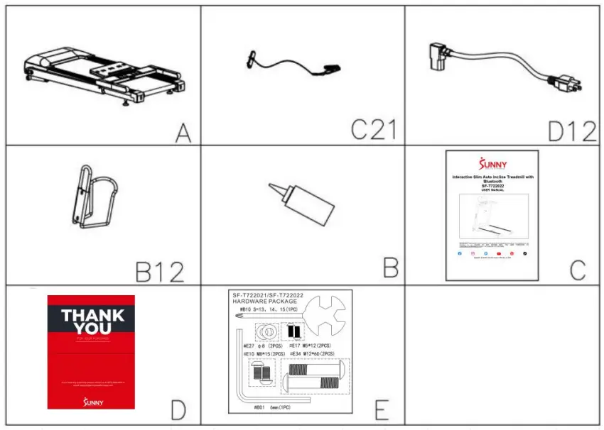 SUNNY SF-T722022 Interactive Slim Auto Incline Treadmill with Bluetooth - CHECKLIST