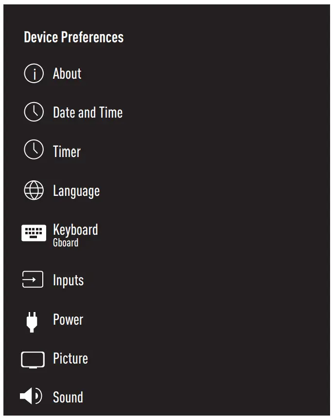 beko B55 C 985 B Smart Android TV - Device Preferences
