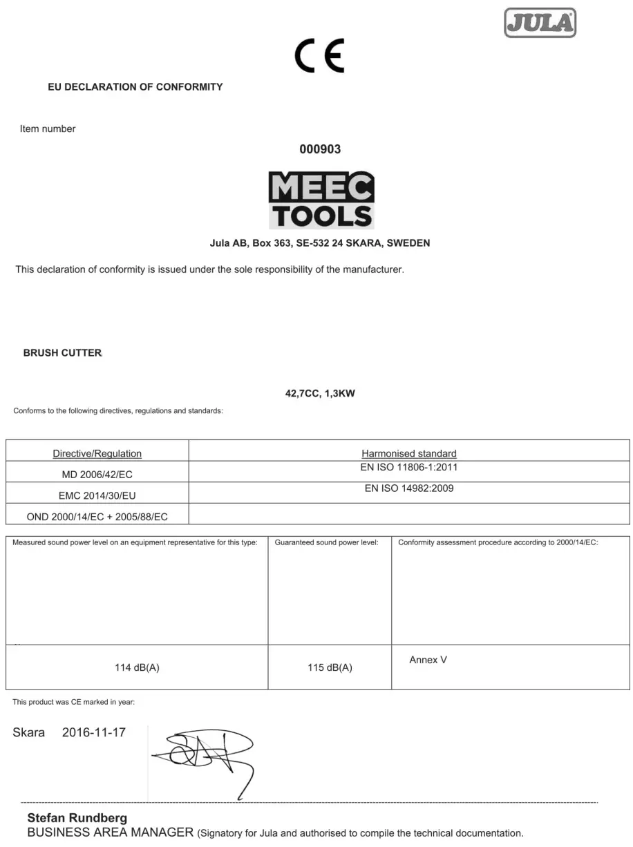 MEEC TOOLS 000903 Brushcutter - Certifications Details