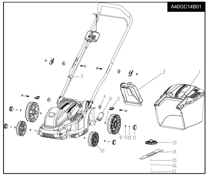 HENX A40GC14B01 40 Volt Cordless Lawn Mower - EXPLODED DRAWING