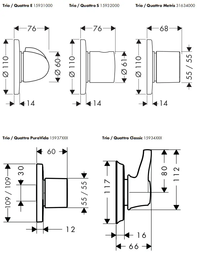 hansgrohe 15934XXX Trio Quattro Classic Diverter Valve Finish Set Chrome - fig 5