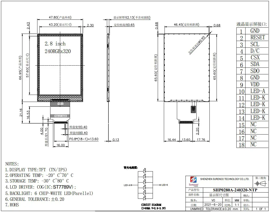 Surenoo SHP0280A 240320 TFT LCD Display Screen Panel - fig