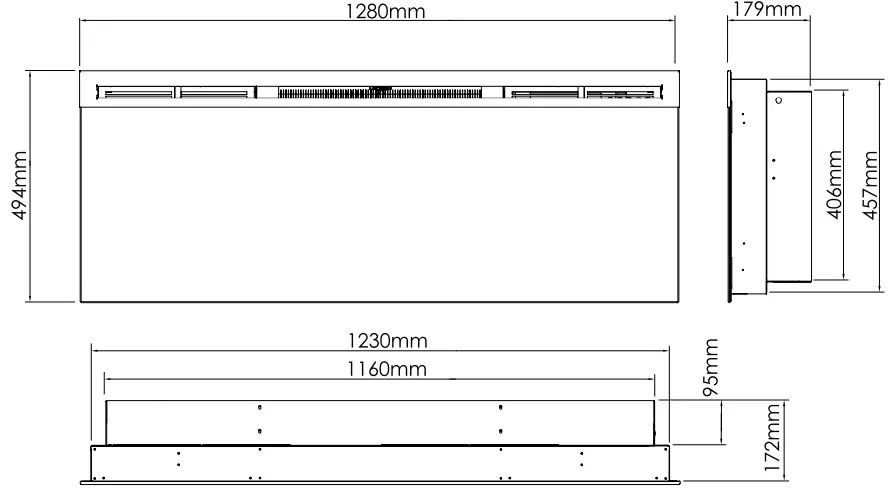 Dimplex BLF3451 AU Prism 12kW Wall Mounted Electric Fire  - Product Dimensions 2