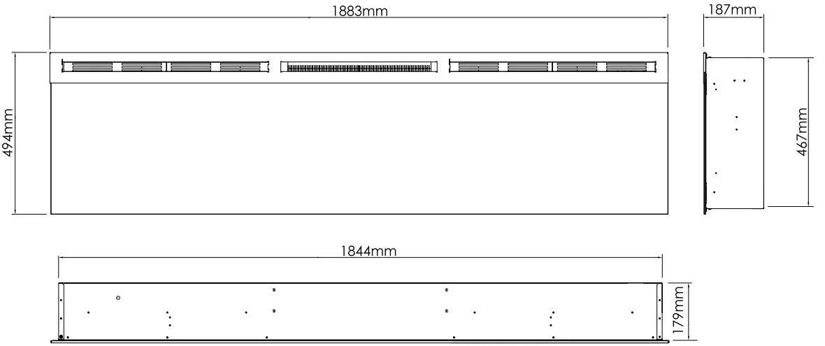 Dimplex BLF3451 AU Prism 12kW Wall Mounted Electric Fire  - Product Dimensions 2