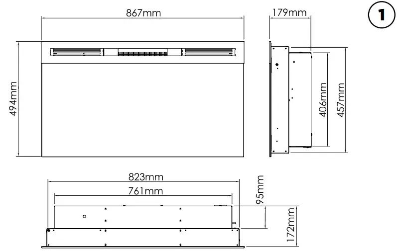 Dimplex BLF3451 AU Prism 12kW Wall Mounted Electric Fire  - Product Dimensions