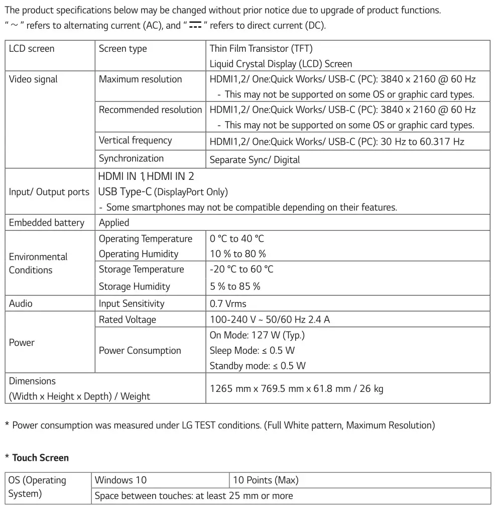 LG 55CT5WJ Digital Signage Monitor - PRODUCT SPECIFICATIONS