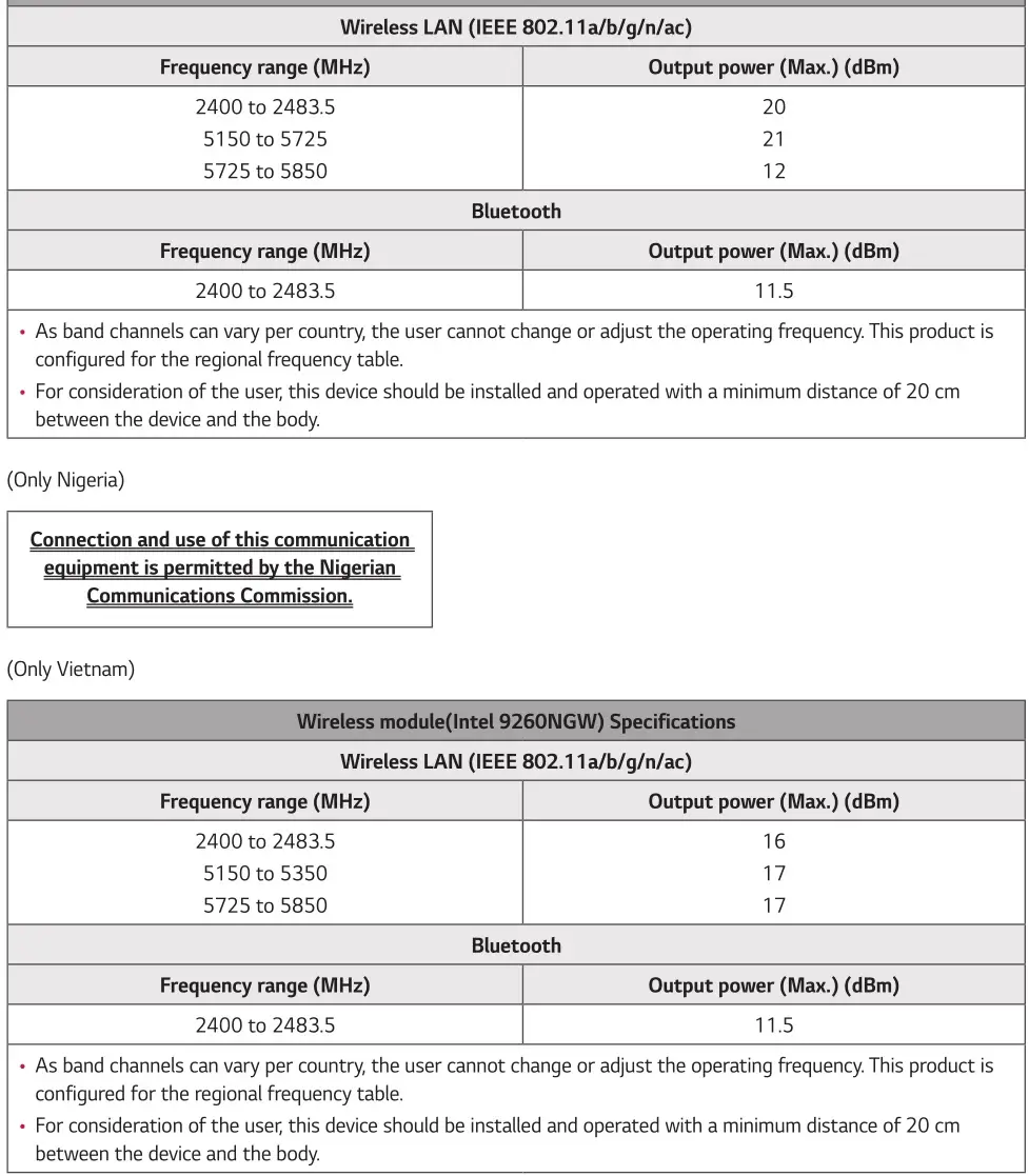 LG 55CT5WJ Digital Signage Monitor - Wireless module(Intel 9260NGW) Specifications