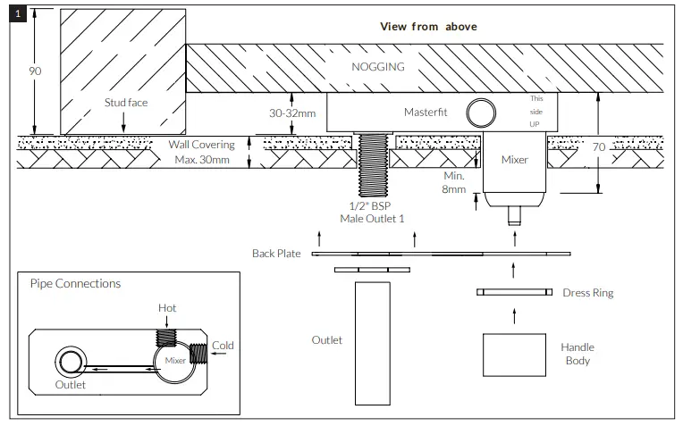 SUSSEX Voda Wall Bath Mixer Outlet System Dress Kit - Figure