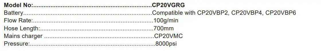 SEALEY CP20VGRG Cordless Grease Gun - SPECFICATION