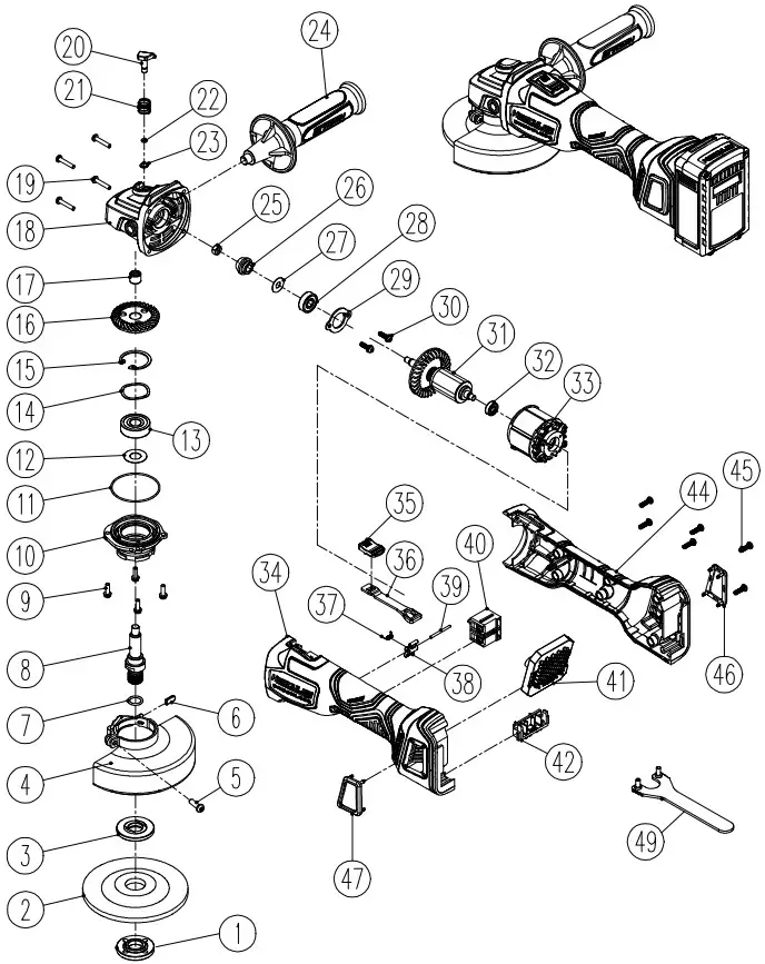 HERCULES HC61SB 20V Brushless Slide Switch Angle Grinder - PARTS LIST