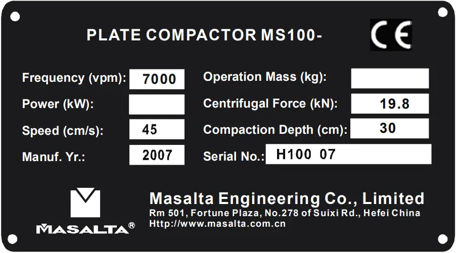 MASALTA MS60 - Nameplate