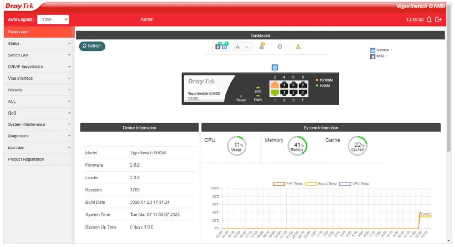 DrayTek VigorSwitch G1085 Web Smart Gigabit Switch - home page