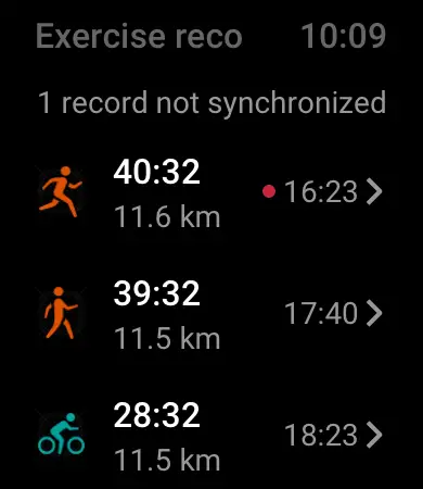 Workout history on the watch