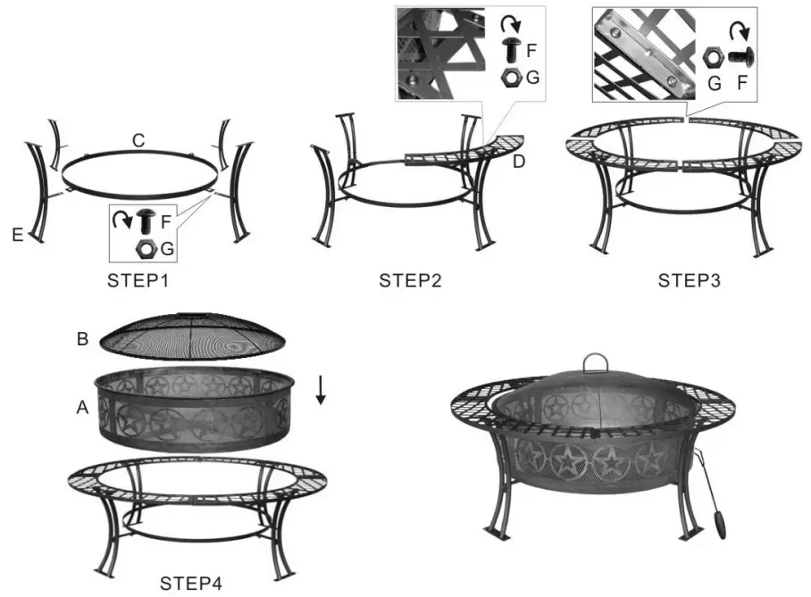 Sunnydaze RCM LG427S 40 Inch Black Steel Four Star Outdoor Wood Burning Fire Table - Assembly