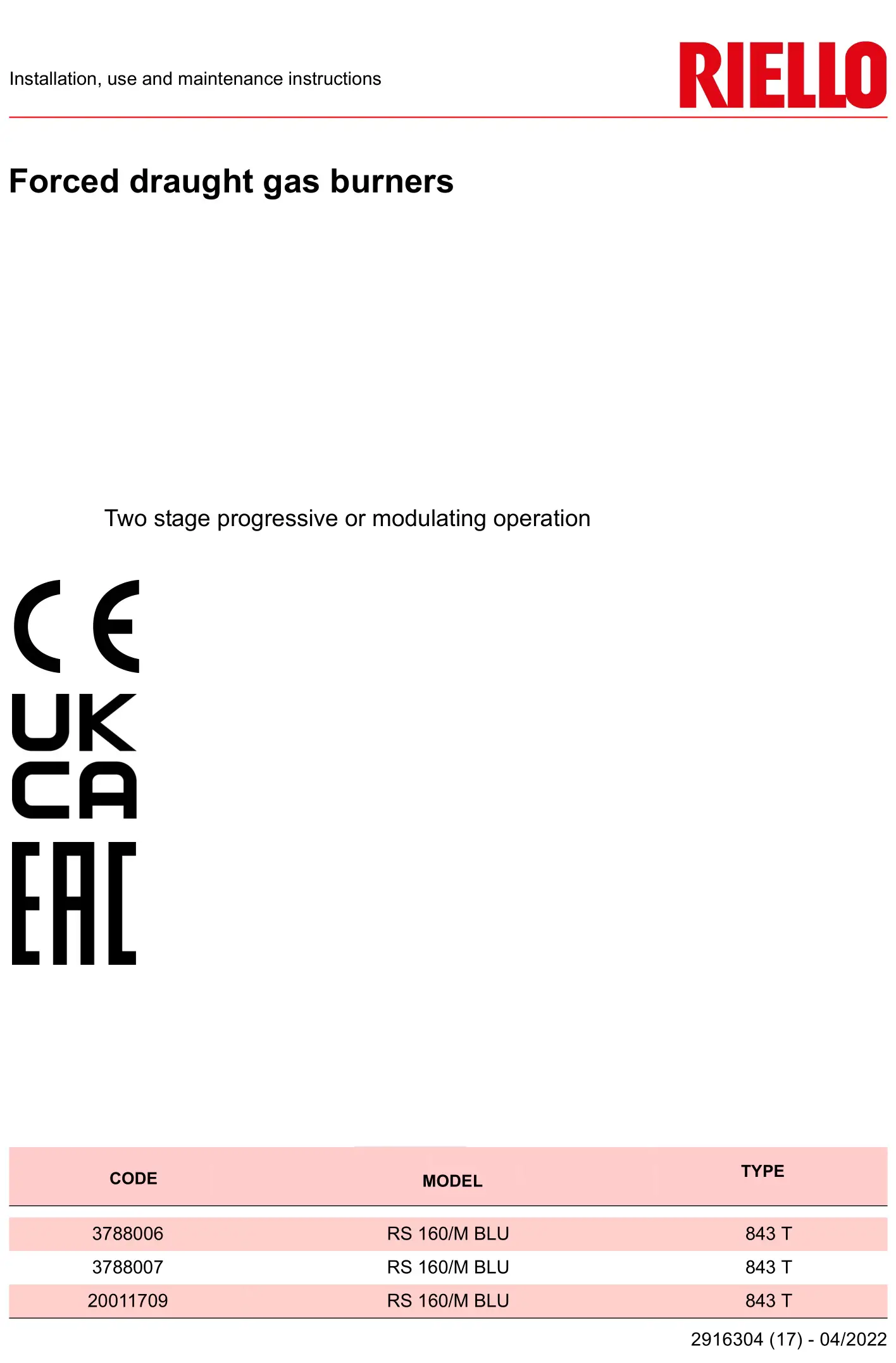 RIELLO RS 160-M BLU Forced Draught Gas Burners Instruction Manual