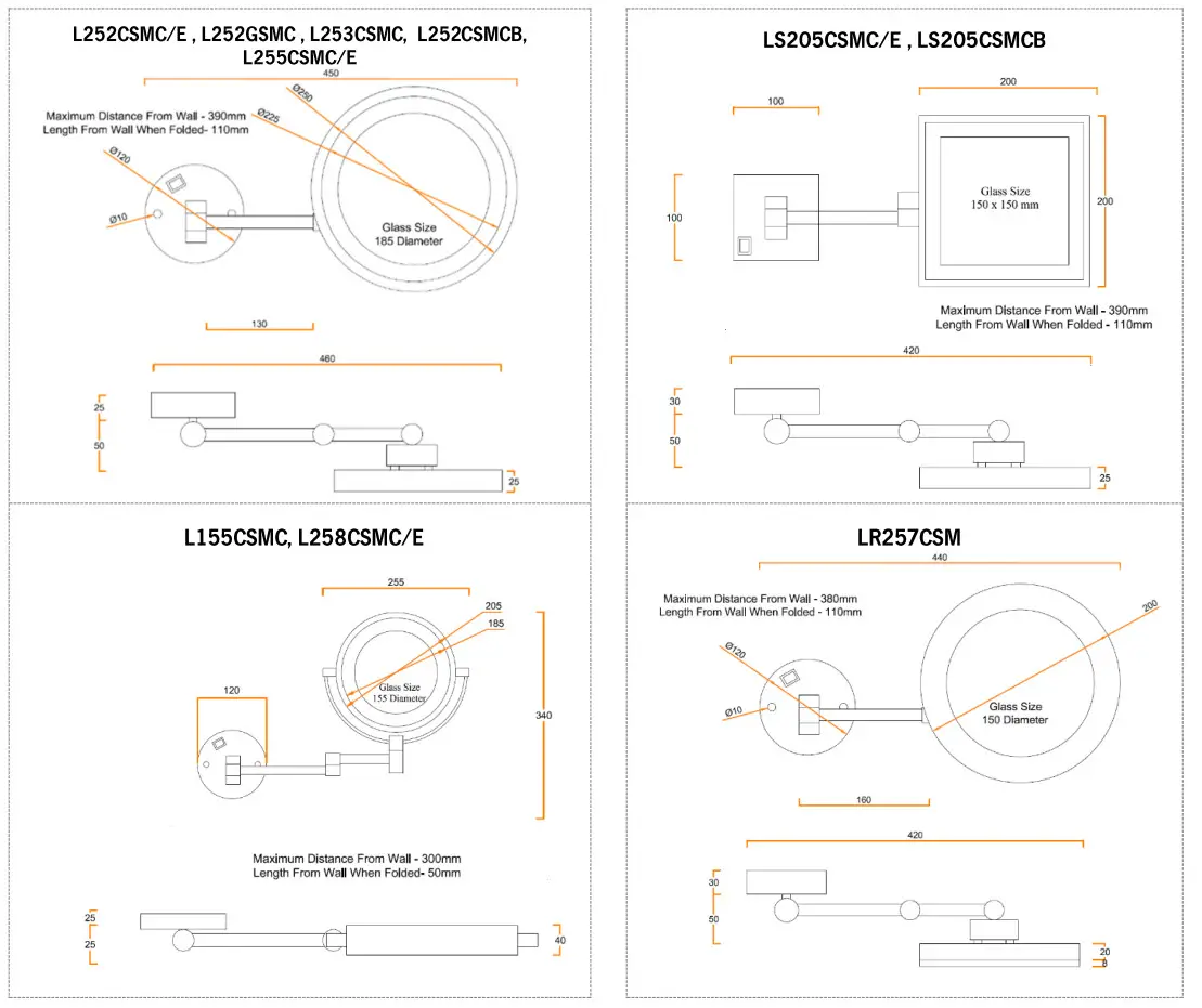 thermogroup Ablaze Lighted Magnifying Mirrors - Dimension