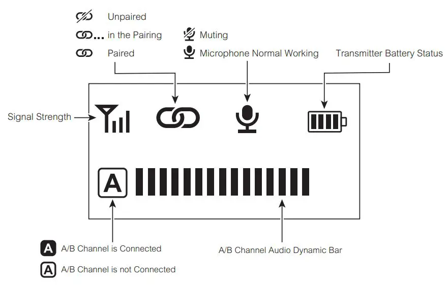 7RYMS B0BFVMLVWB iRay DW20 2.4G Dual-Channel Wireless Microphone User Manual - Screen Display
