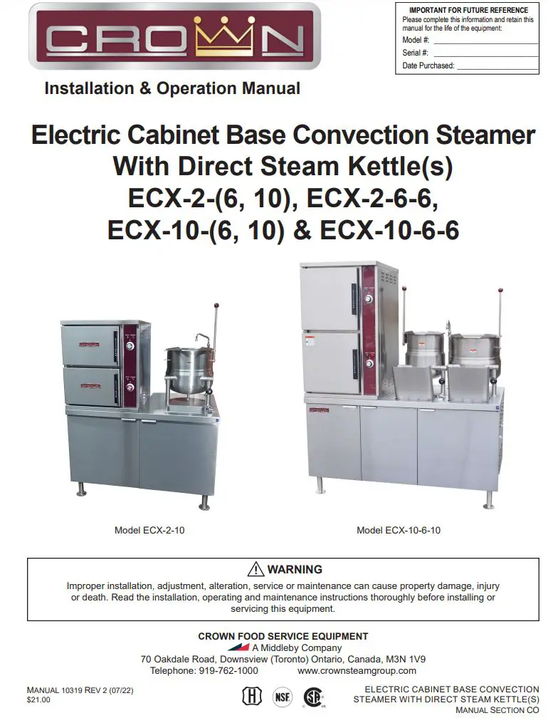 CROWN ECX-2-10 Electric Cabinet Base Convection Steamer Instruction Manual