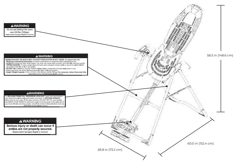 TEETER EP-560 ComforTrak Series Inversion Table - Safety Warning Labels