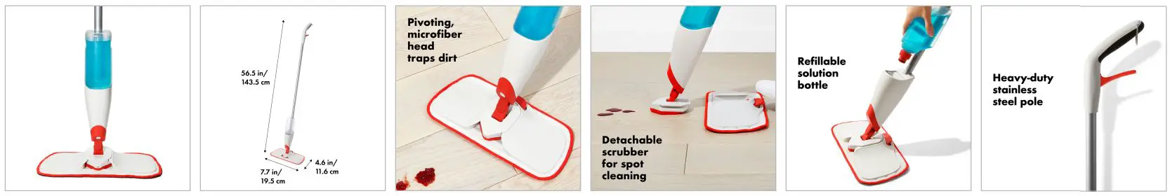 oxo Microfiber Spray Mop with Detachable Scrubber Instructions - Annotated PDP Carousel