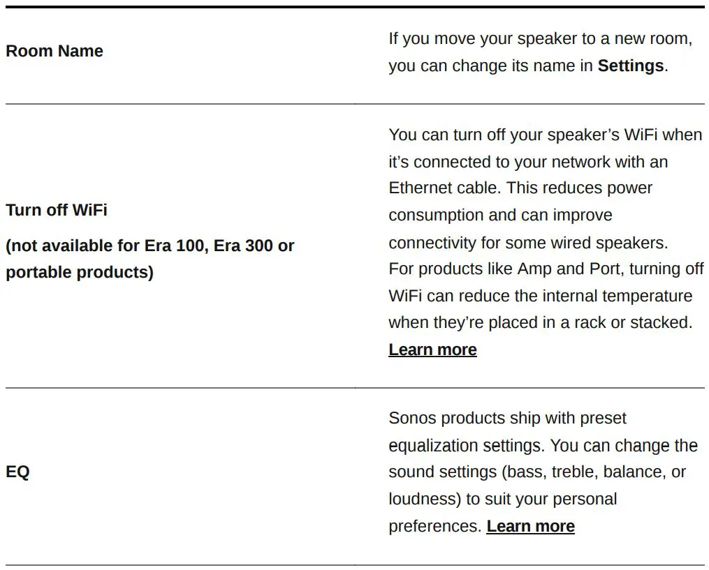SONOS Roam SL Portable WiFi and Bluetooth Speaker User Manual - Product settings