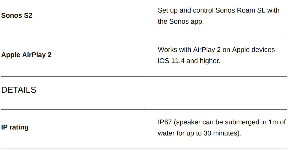 SONOS Roam SL Portable WiFi and Bluetooth Speaker User Manual - Specifications
