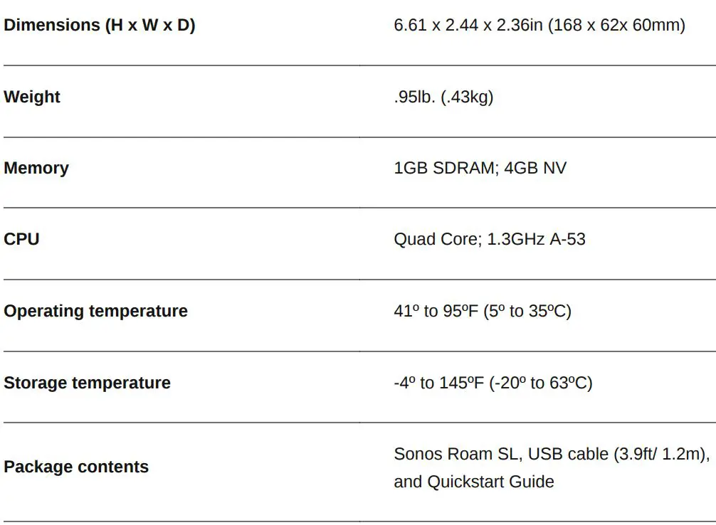 SONOS Roam SL Portable WiFi and Bluetooth Speaker User Manual - Specifications