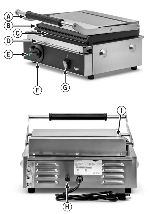 VOLLRATH PSG4-SG120 Single Commercial Panini Press Cast Iron Grooved Plates - FEATURES AND CONTROLS