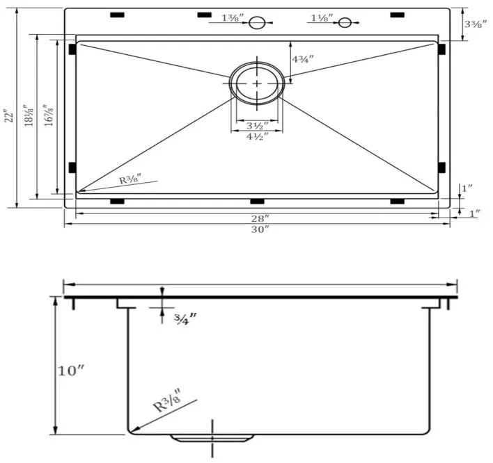 PROOX PRSCSRX3022BN 30 Inch Stainless Steel Kitchen Sink Workstation Drop In Brushed Nickel - Dimension
