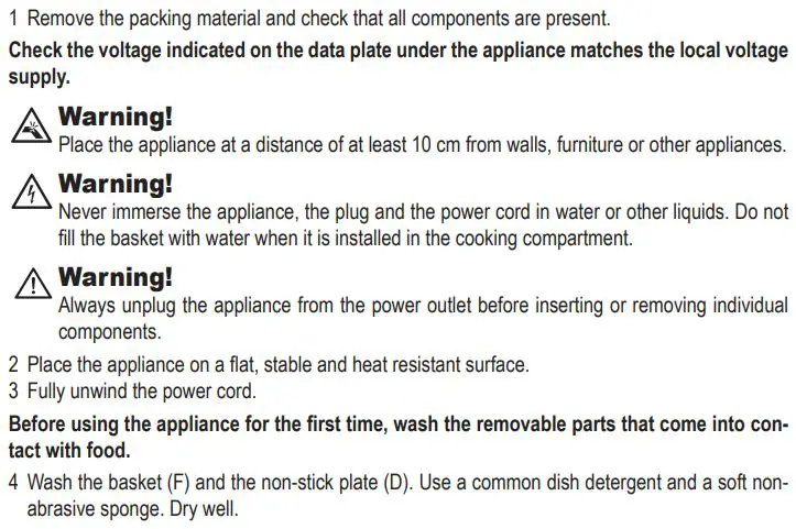 Ariete 4626-00 Airy Fryer Instruction Manual - BEFORE USE