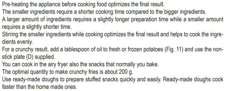 Ariete 4626-00 Airy Fryer Instruction Manual - PREPARATION TIPS