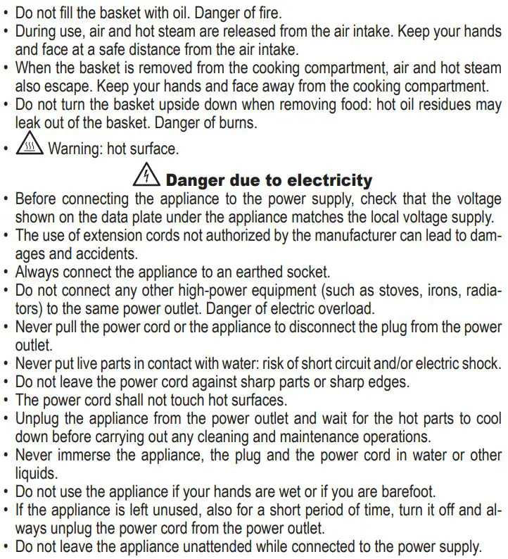 Ariete 4626-00 Airy Fryer Instruction Manual - SAFETY WARNINGS