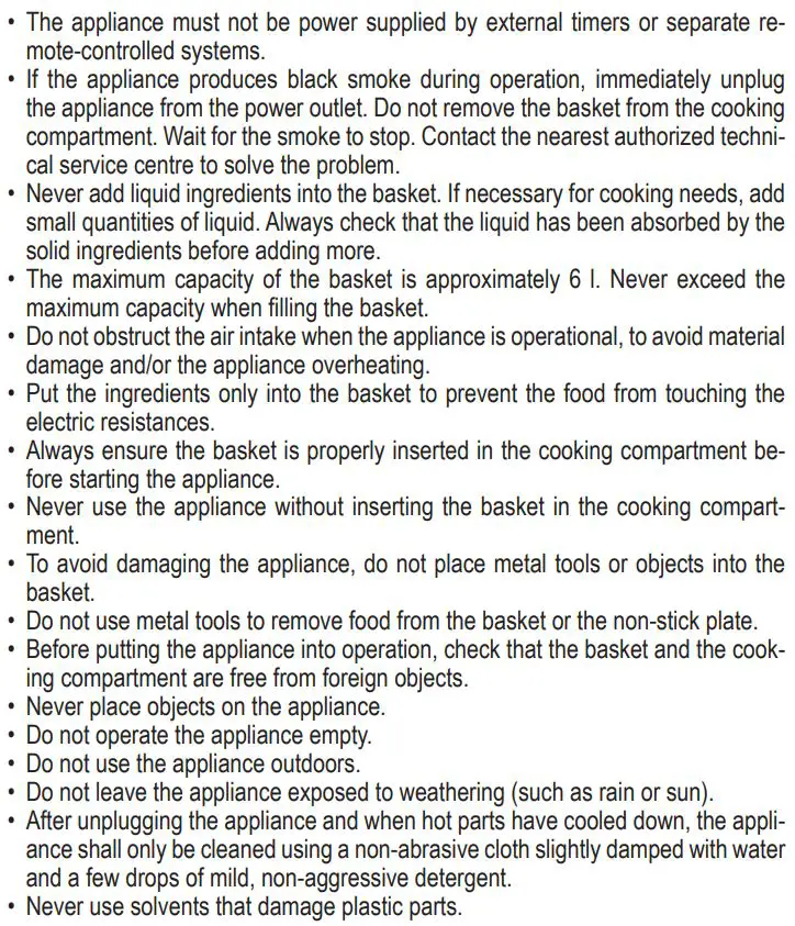 Ariete 4626-00 Airy Fryer Instruction Manual - SAFETY WARNINGS
