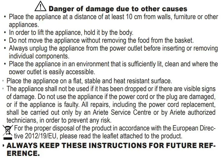 Ariete 4626-00 Airy Fryer Instruction Manual - SAFETY WARNINGS
