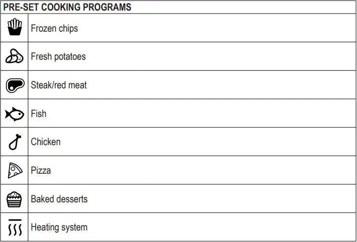 Ariete 4626-00 Airy Fryer Instruction Manual - TOUCH SCREEN DISPLAY DESCRIPTION