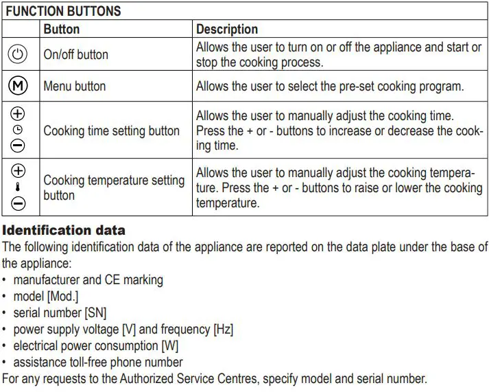 Ariete 4626-00 Airy Fryer Instruction Manual - TOUCH SCREEN DISPLAY DESCRIPTION