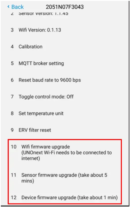 UNO IAQ App Indoor Air Quality Monitor Engineer Mode - Firmware Upgrade