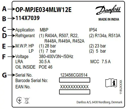 Danfoss OP LPQEMPJE Optyma Slim Pack Condensing Units - Name plate 1