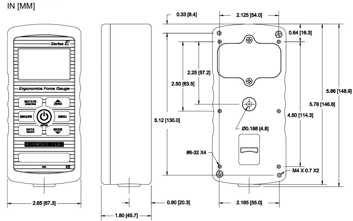 Mark 10 ME 100 Series E Ergonomics Force Gauge - Dimensions