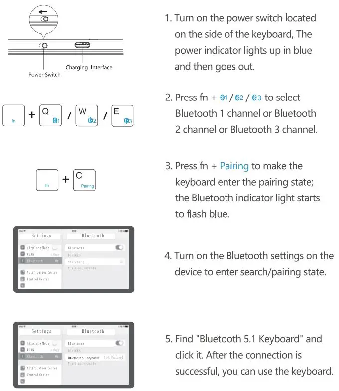 SAMSERS B099T Foldable Bluetooth Keyboard User Manual - Bluetooth 1&2&3 Pairing Instructions