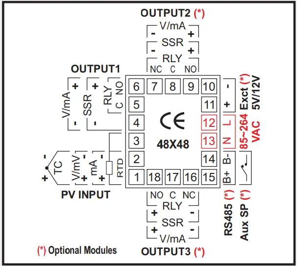 epsilon 48x48 Self Tune PID Process Controller with Ramp Soak Profile - CONNECTIONS