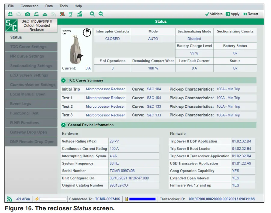 S C TripSaver II Controller Module and USB Transceiver - Status screen