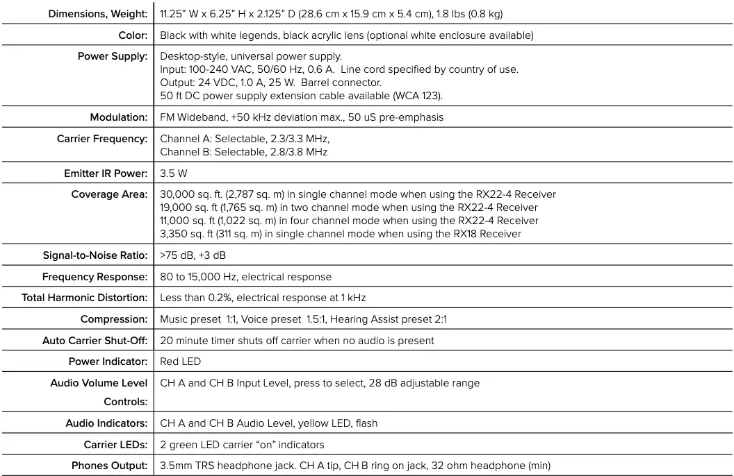 Specifications - WIR TX90 DC
