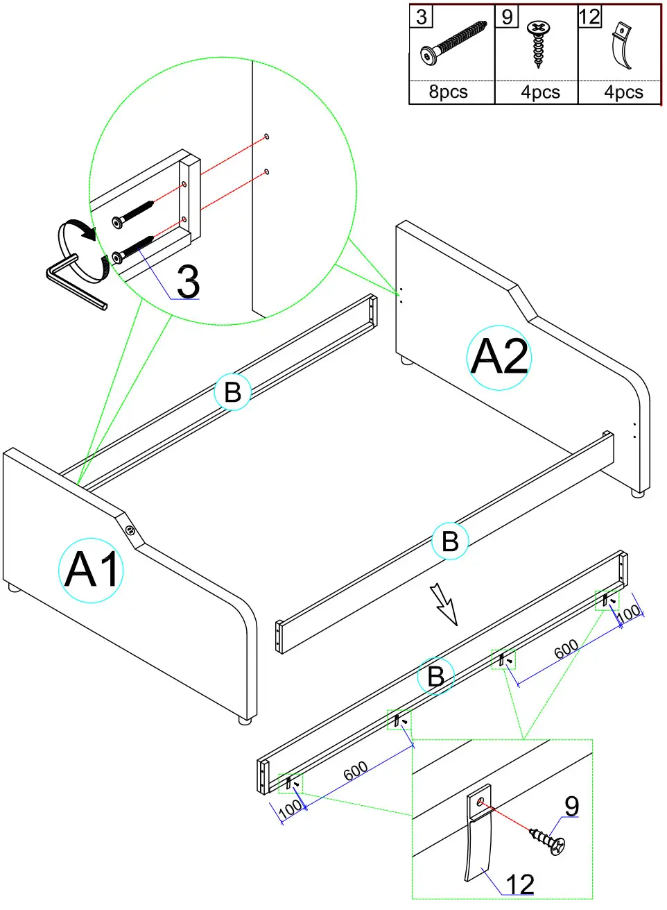 ModernLuxe WF299339 Full Size Upholstery Daybed with Trundle and USB Charging Design - assembly 3