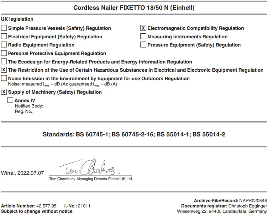 Einhell FIXETTO 18 50 N Cordless Nailer - Signeture 1