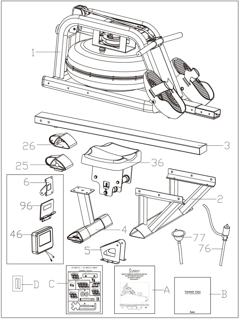 SUNNY HEALTH FITNESS SF RW5713 Smart Obsidian Surge 500 Meter Water Rowing Machine - CHECK LIST
