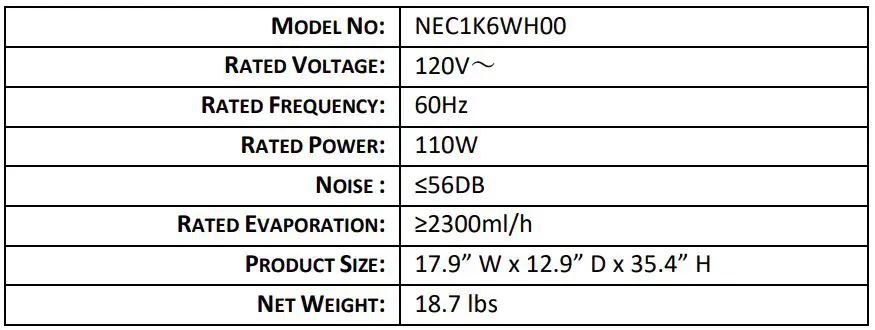 NewAir NEC1K6WH00 Portable Evaporative Cooler and Fan Owner's Manual - SPECIFICATIONS