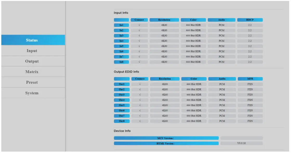 gofanco G4 0147A 8x8 HDMI Matrix 4K HDR Audio Extractor - Status